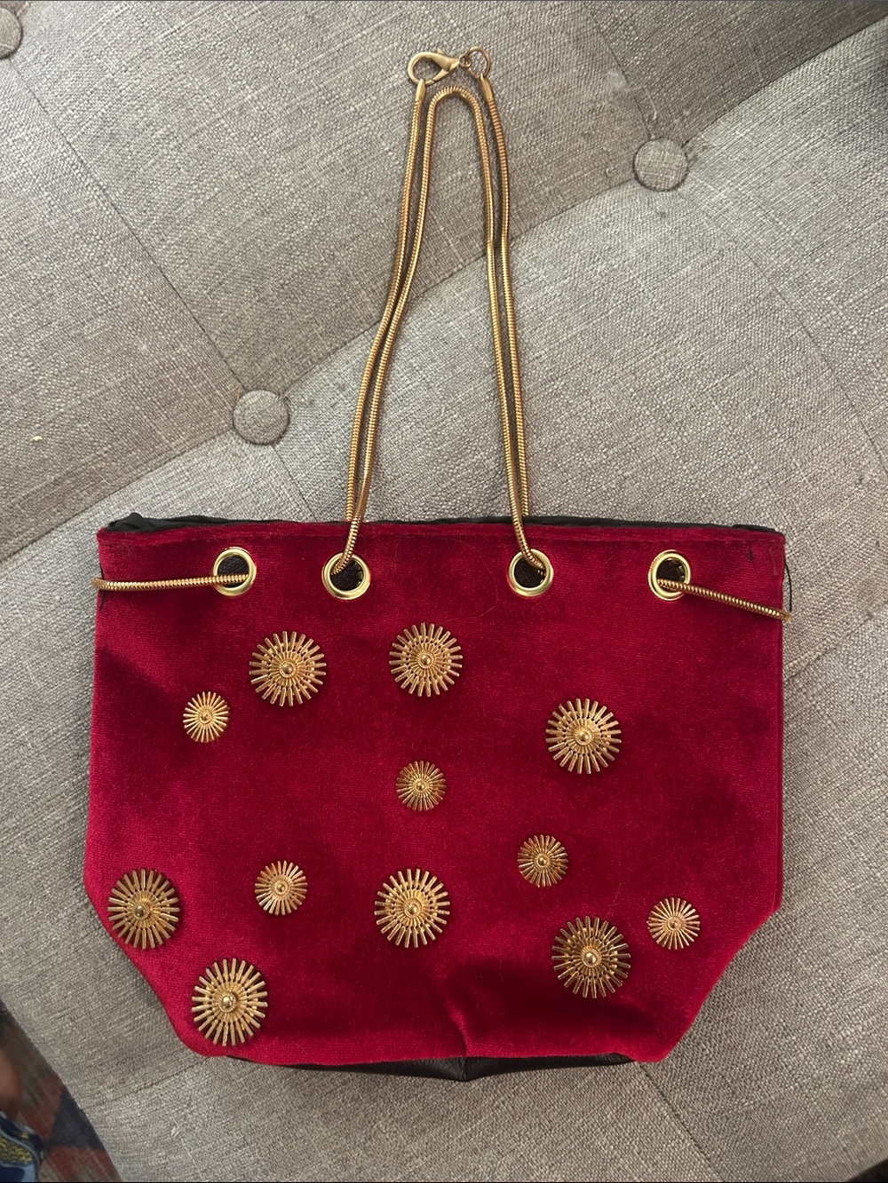 Red Velvet Tote with Gold Sunburst Accents